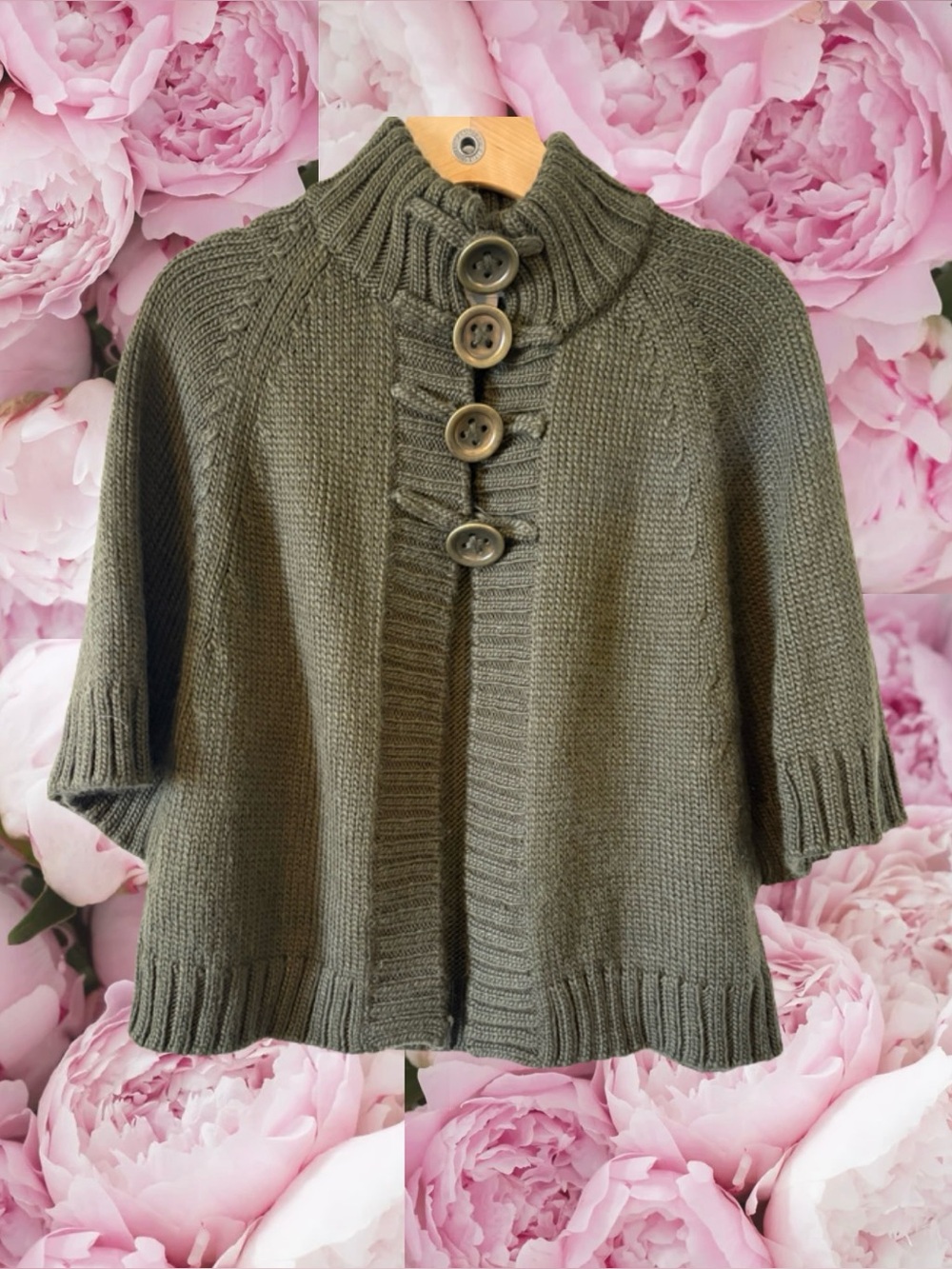 Knit Sweater Olive Green High Ribbed Collar  Big Toggle Buttons Artsy Cozy